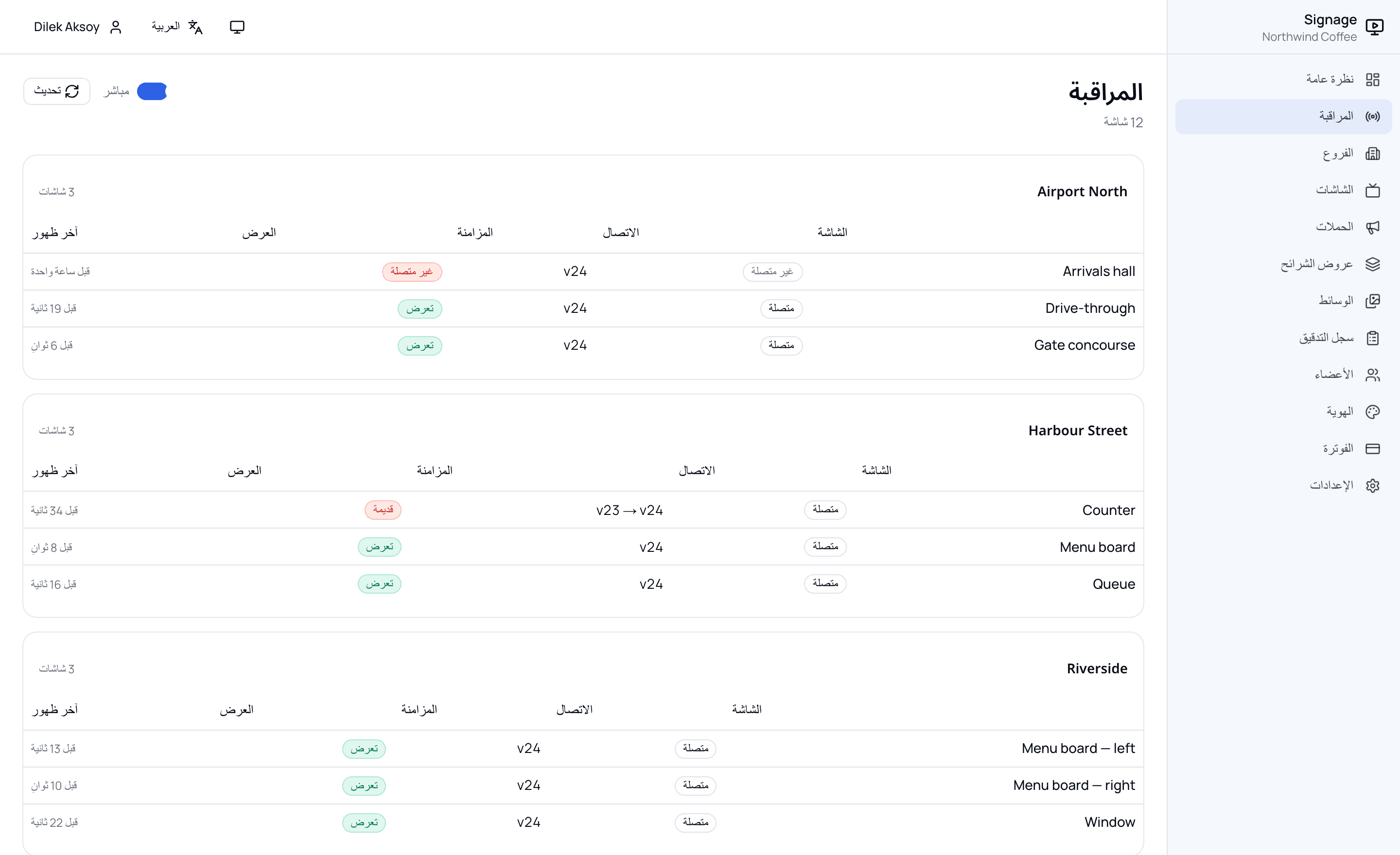 صفحة المراقبة: كل شاشة في الأسطول، وما تعرضه، وآخر مرة أبلغت فيها عن حالها.