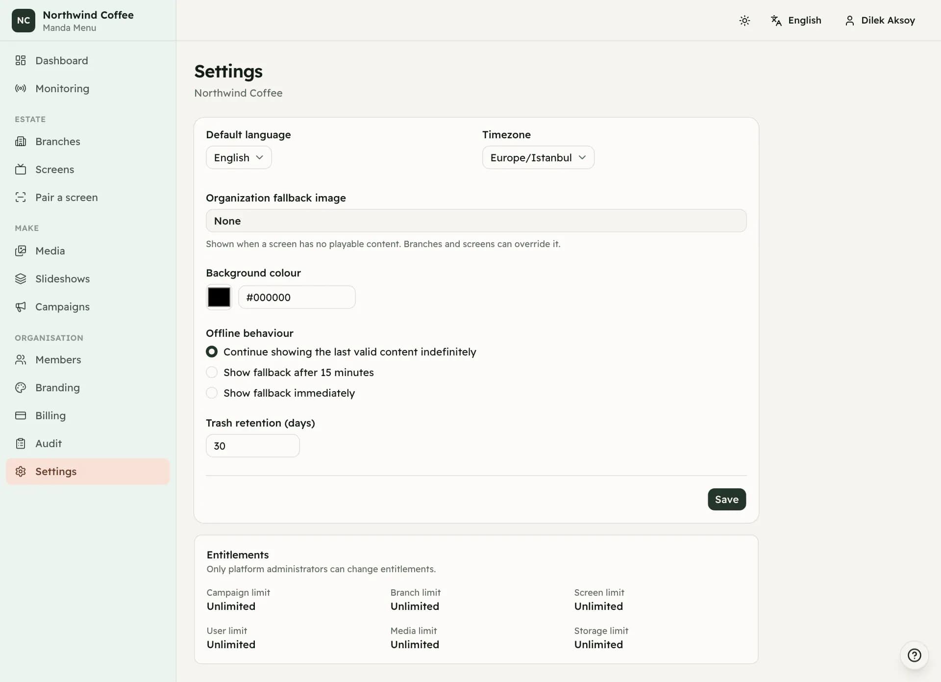 Screenshot: Organization settings